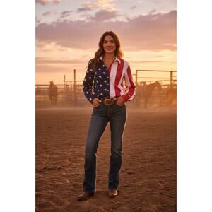 Americana Stars Stripes Button Small XS Shirt Long Sleeved Embroider Rodeo Flag